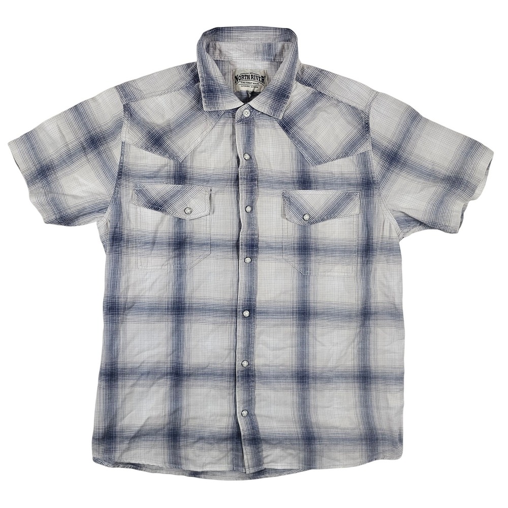 North River Mens Large Blue White Plaid Western Snap Short‎ Sleeve Shirt NWT